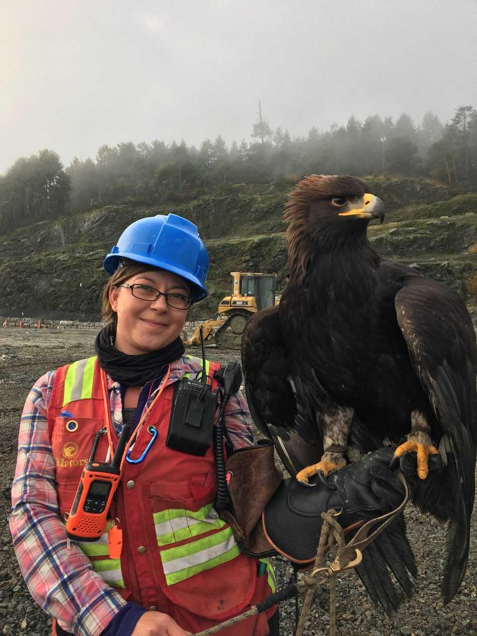 Raptors employee stands at a landfill with an eagle on her glove